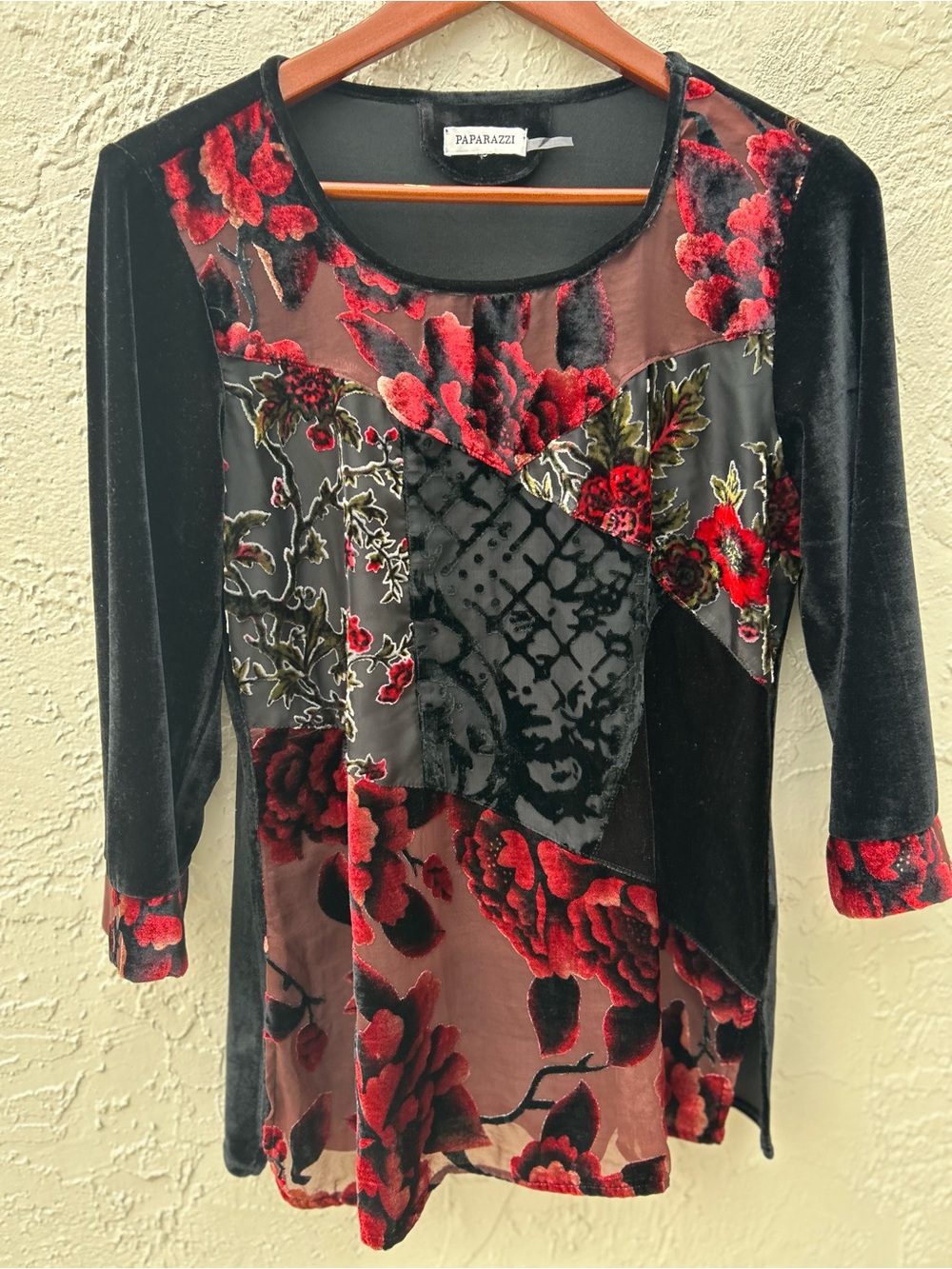 Paparazzi brand velvet burnout shirt with a red floral patchwork design. Size M